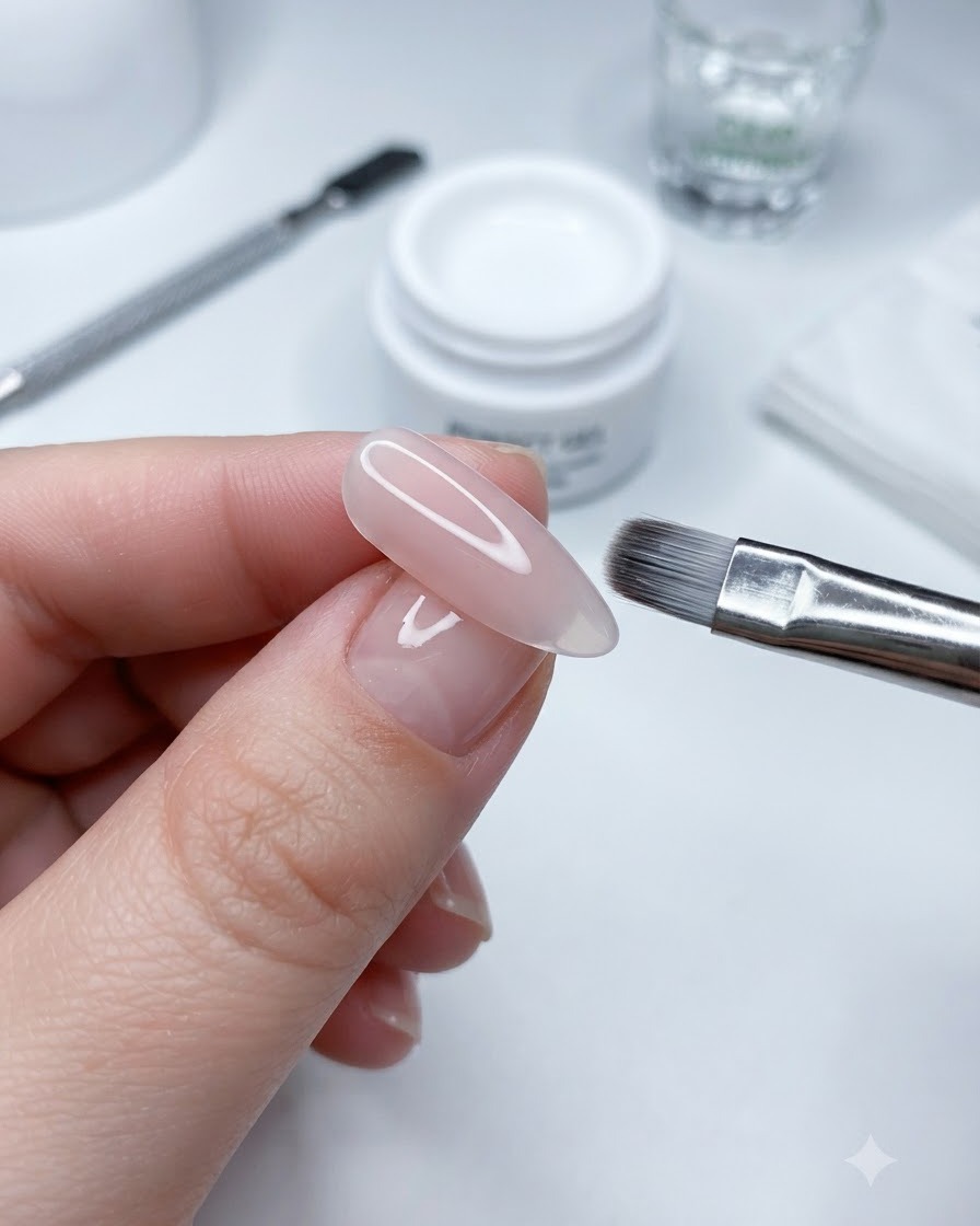 Un ongle manucuré montrant un effet de reflet cat eye en perle de verre latérale.