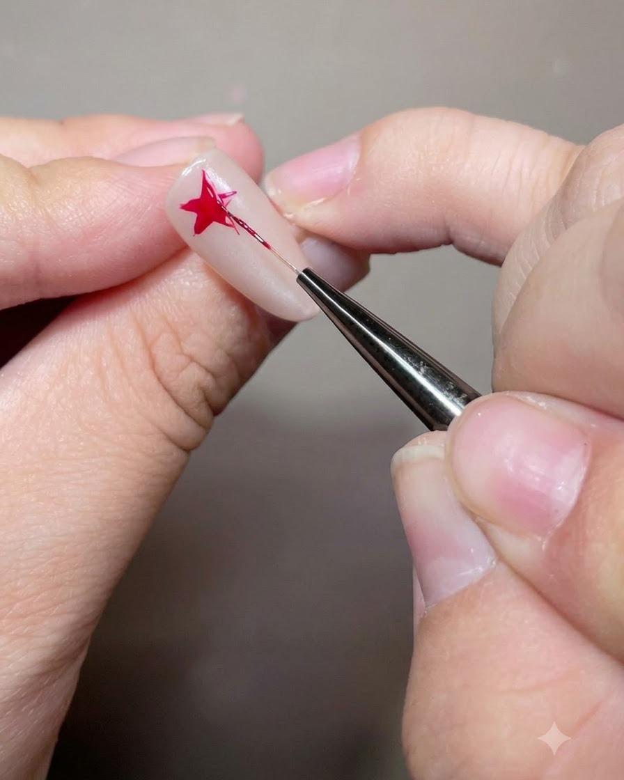 Un pinceau fin remplissant un motif détoile rouge sur un ongle en gel.