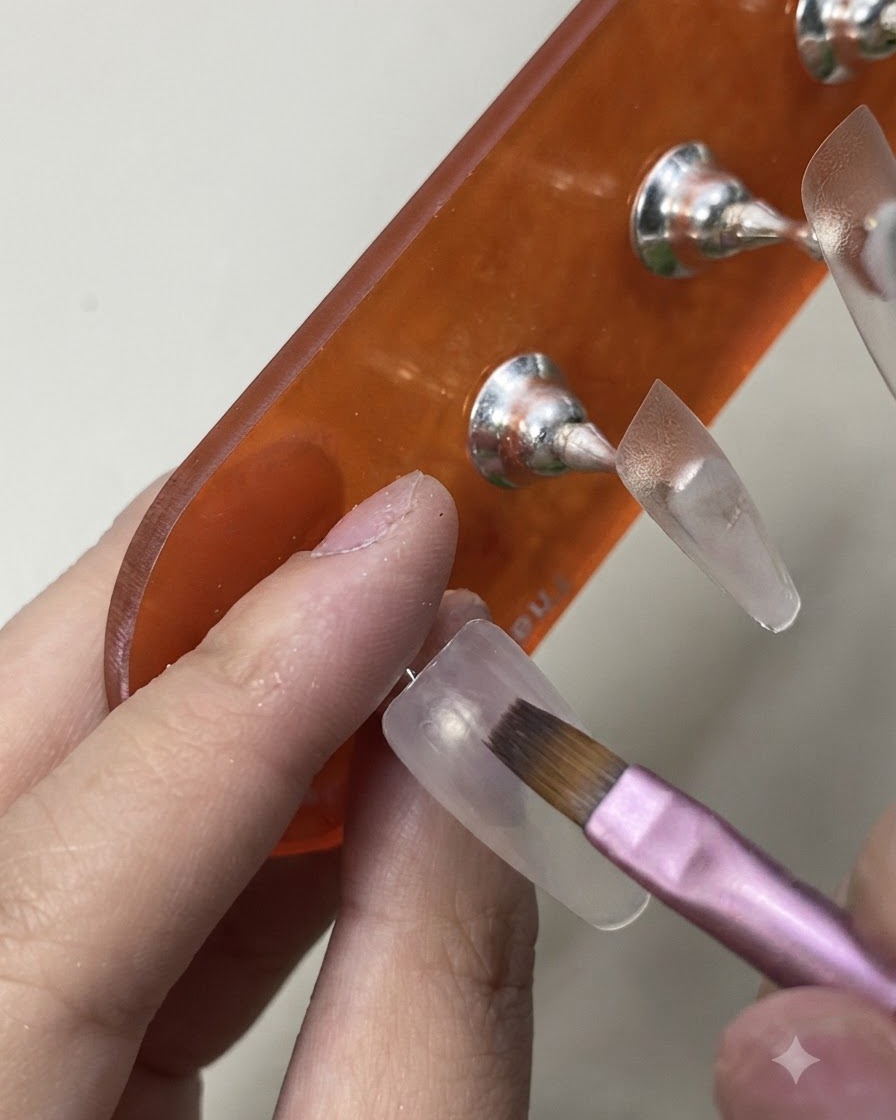 Un pinceau glissant une seconde couche de vernis gel blanc laiteux sur la surface de longle pour une opacité solide.