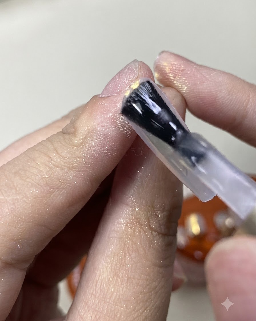 Un pinceau peignant un top coat mat sur la finition dongle nacrée à la poudre aurora.