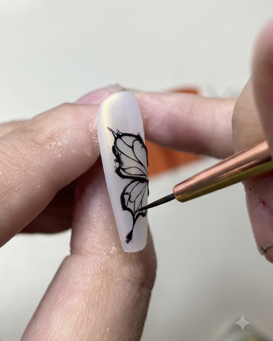 Un pinceau fin dessinant le contour noir délicat des ailes de papillon sur un ongle blanc mat.