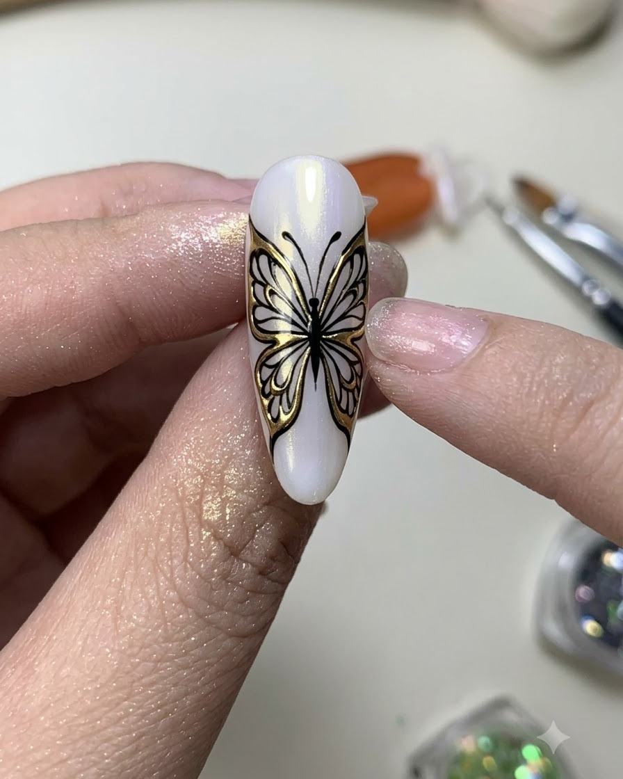 Un onglet avec un nail art détaillé de papillon noir positionné sous une lampe de catalysation UV ou LED.