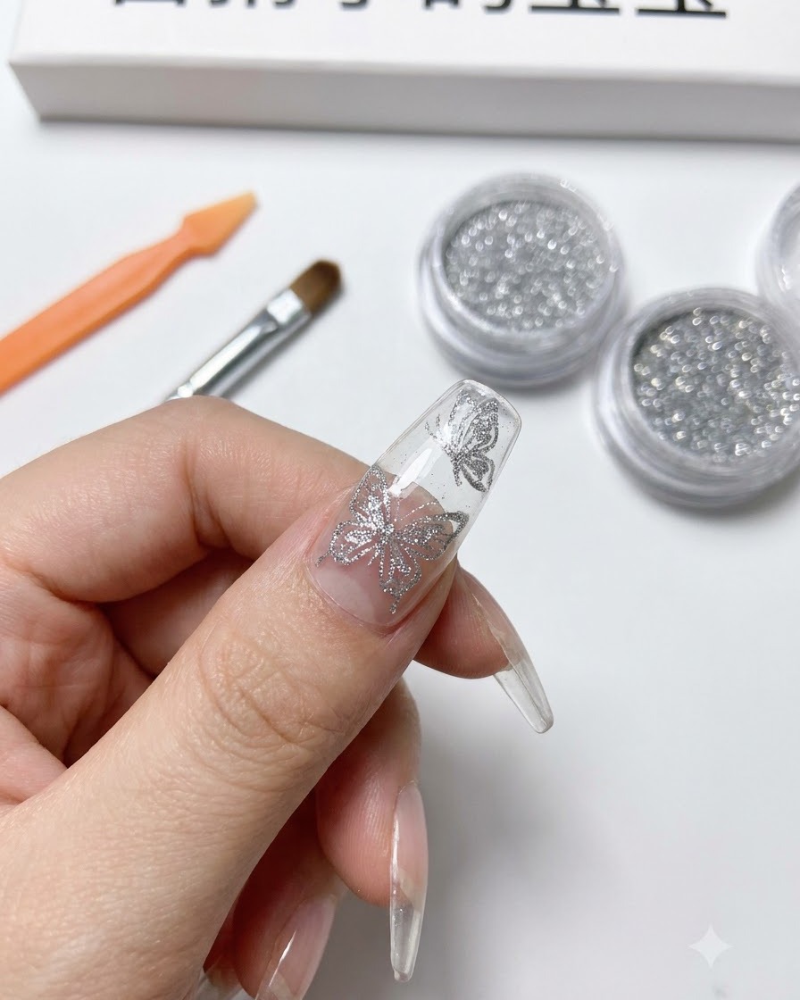 De la poudre chrome argentée appliquée directement sur les lignes de papillon noires catalysées sur un ongle.