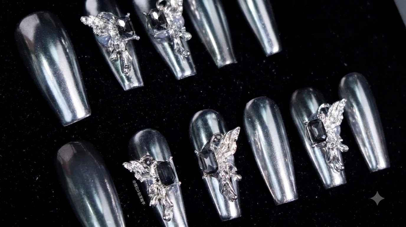 Ongles Press-On Papillon Chrome Argenté — Guide Étape par Étape Glamour Gothique