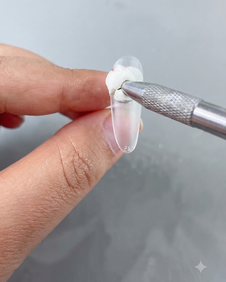 Gros plan sur un outil métallique appliquant du gel blanc sur le bord libre dune capsule claire.