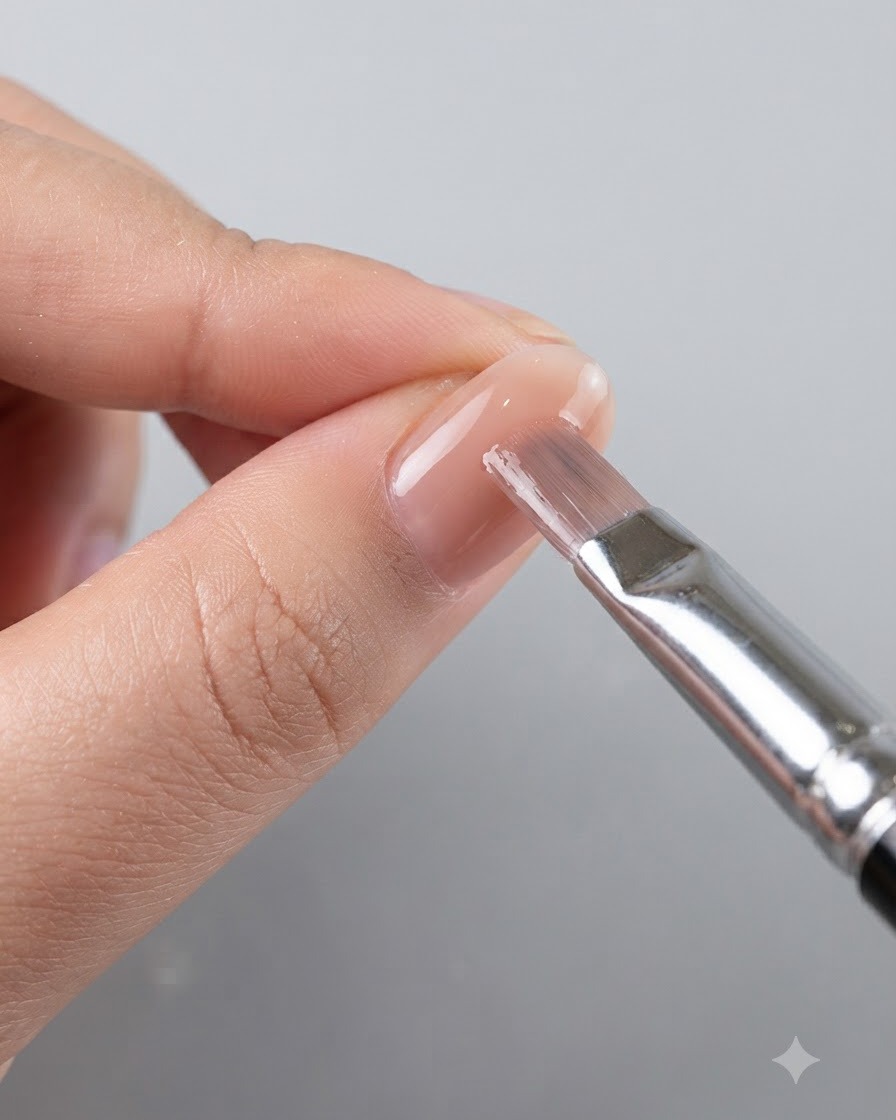 Un pinceau à ongles appliquant uniformément du gel jelly rose nude translucide sur un onglet.