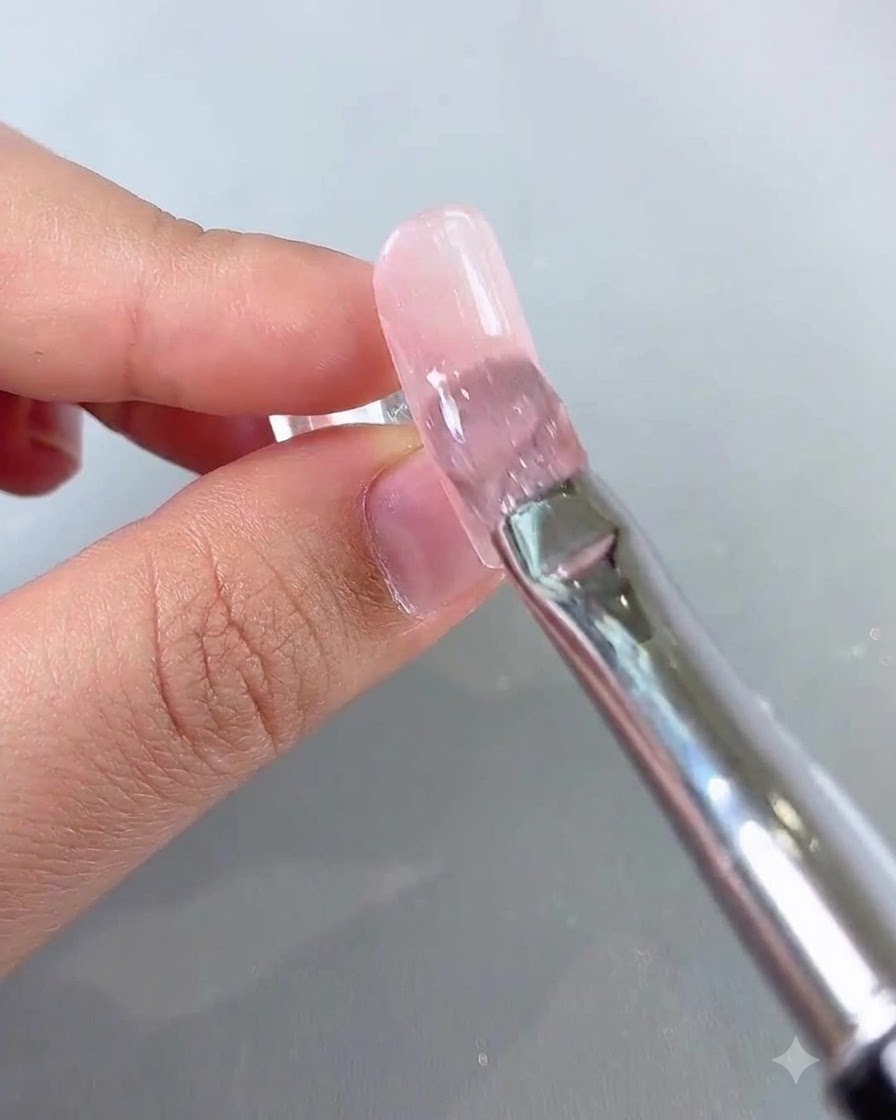 Un pinceau glissant un gel œil-de-chat translucide scintillant sur une base dongle rose.