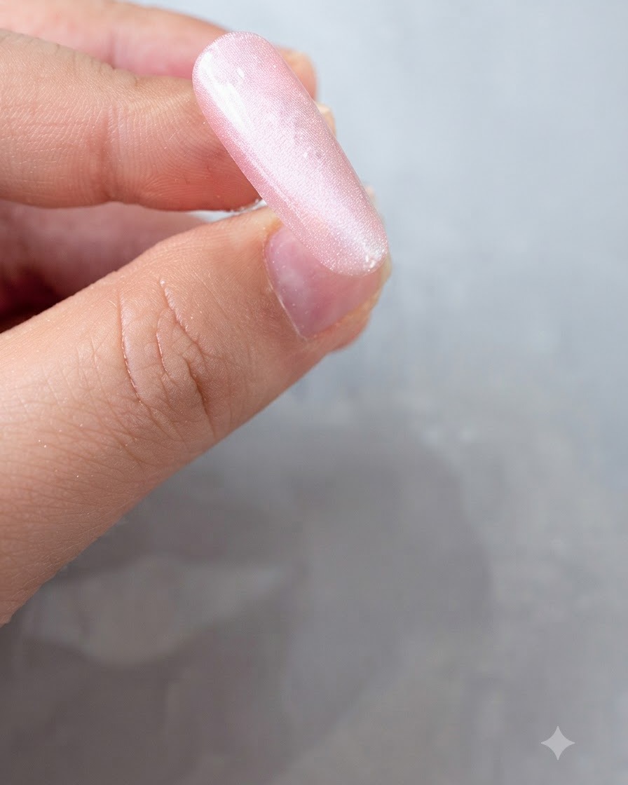 Gros plan sur un ongle rose affichant un reflet œil-de-chat en forme de perle de verre brillante et concentrée.