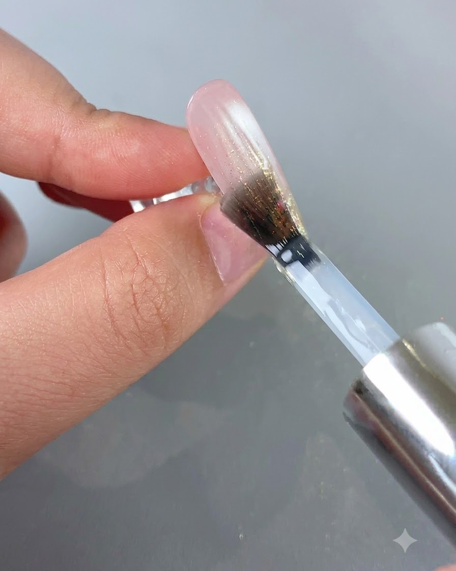 Un pinceau à ongles appliquant un top coat transparent sur un design dongle ombré et pailleté.