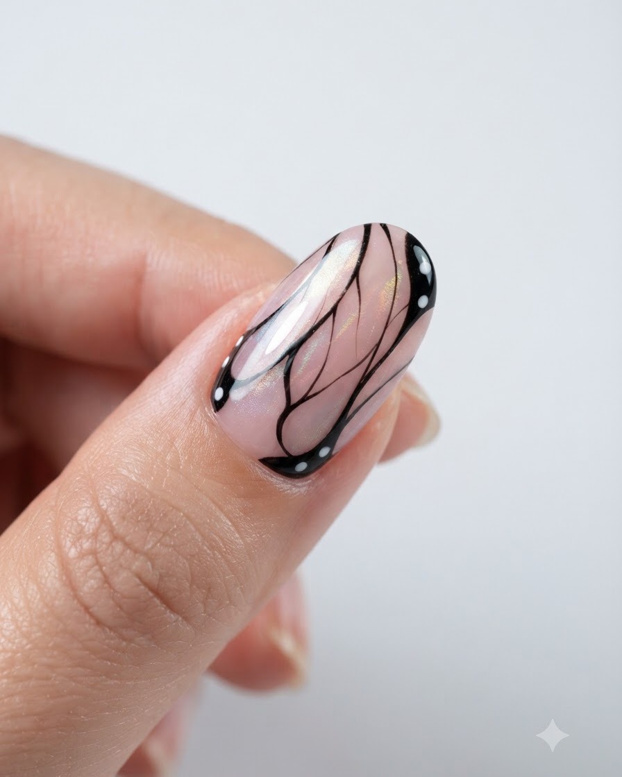 Un ongle terminé présentant des traits complexes dailes de papillon noires et blanches sur une base œil-de-chat aurora.