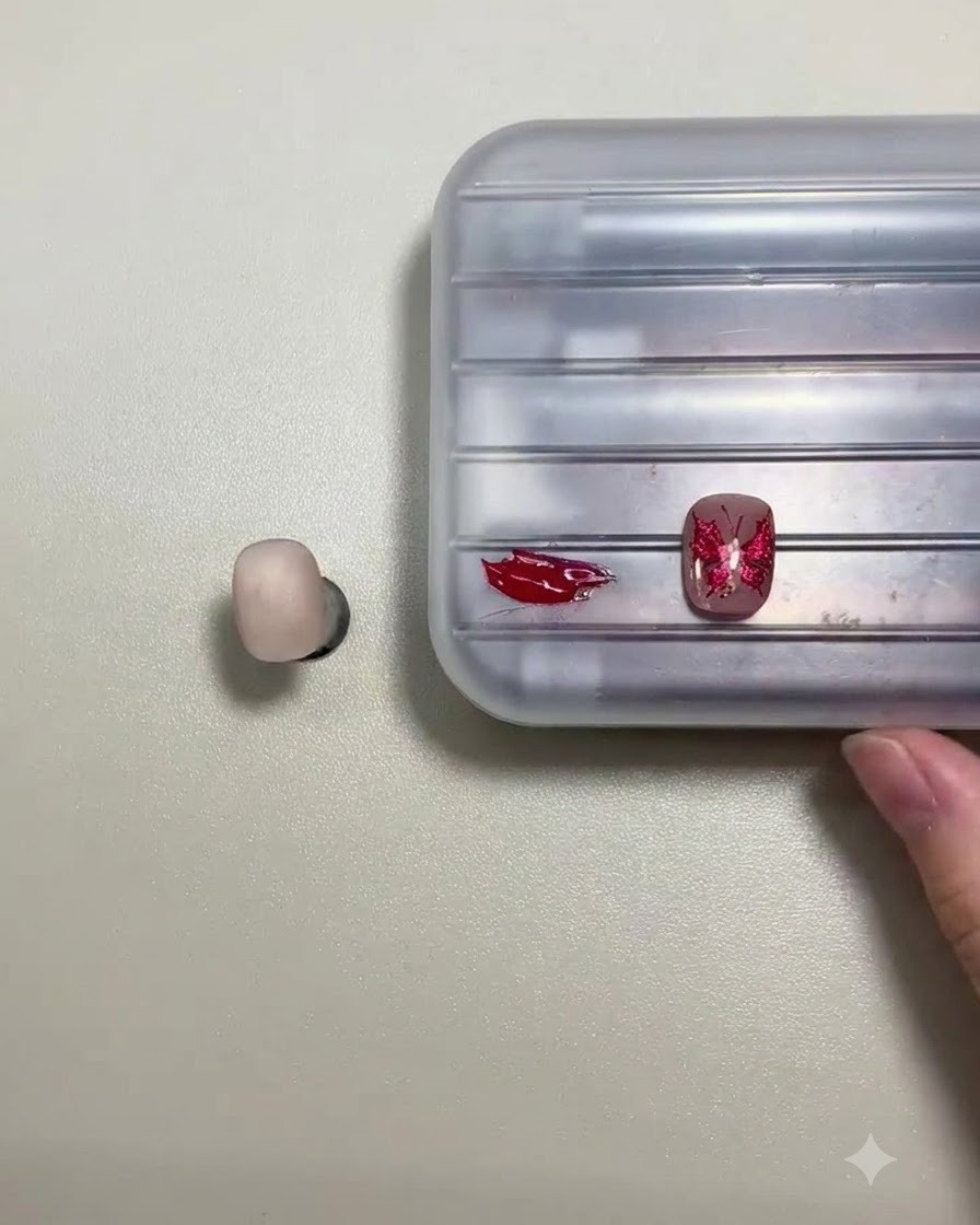Gros plan dun pinceau à ongles prélevant du gel rouge foncé sur une palette de mélange à côté dun ongle décoré.