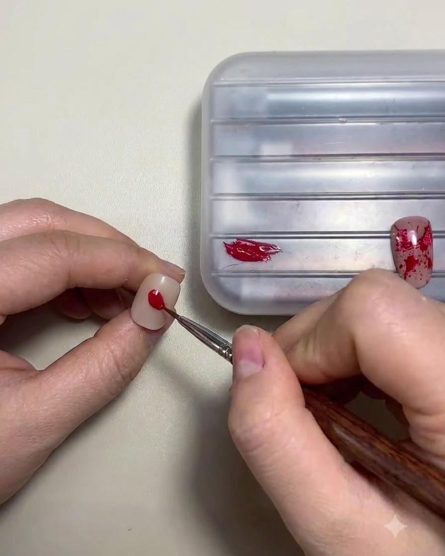 Une main plaçant un ongle sous une lampe UV pour la catalysation.