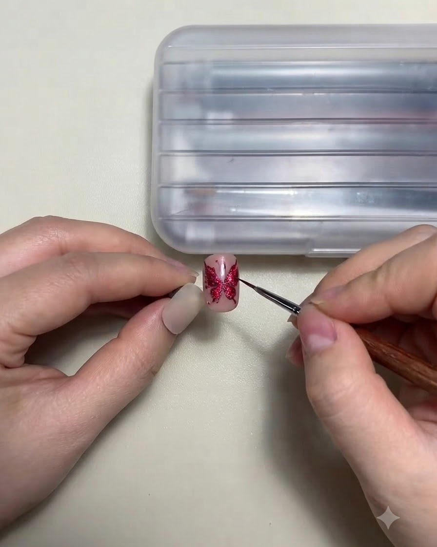 Gros plan dun pinceau liner surplombant un contour de papillon sur une capsule dongle.