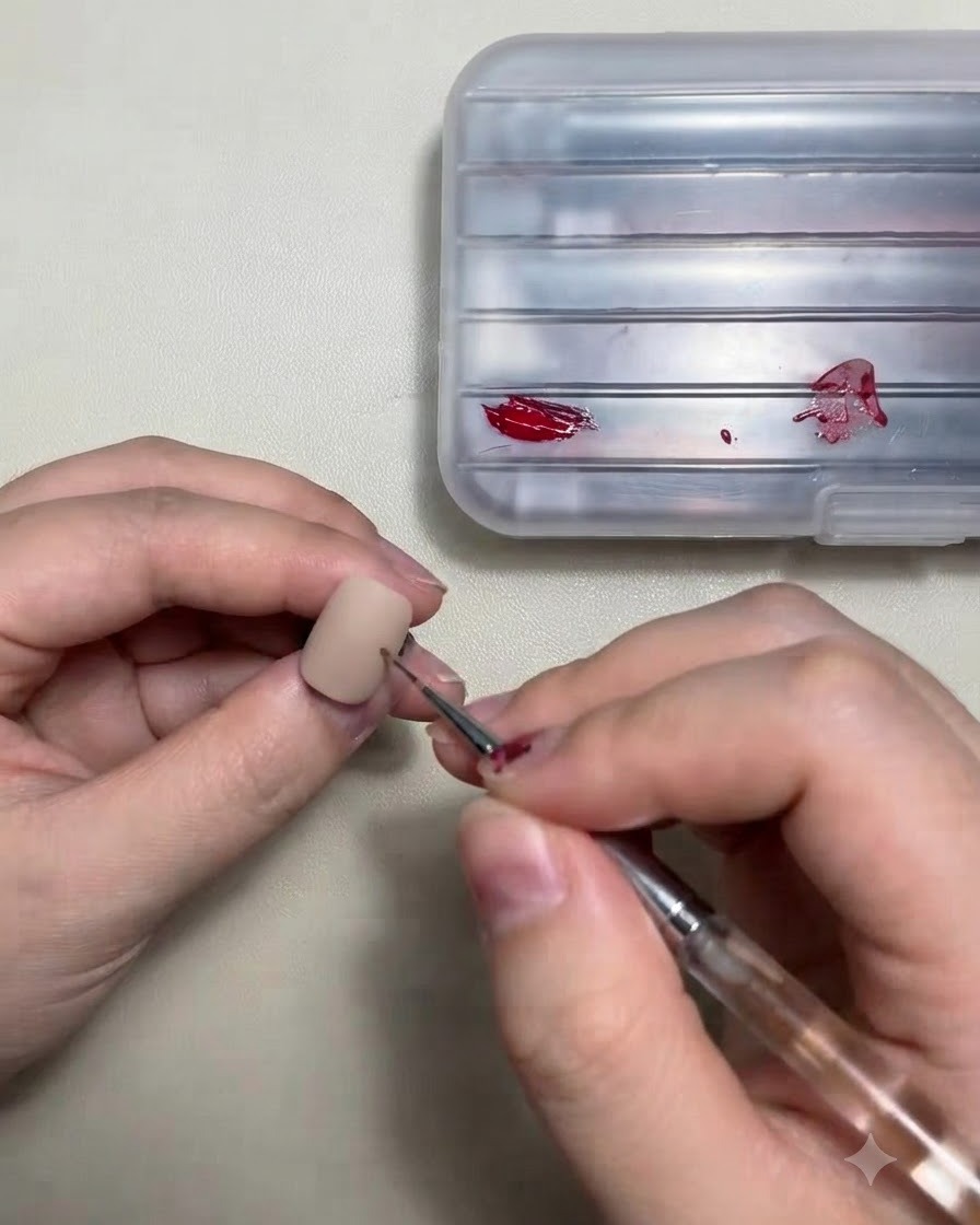 Un pinceau liner appliquant du gel rouge sur la surface dun faux ongle de couleur nude.