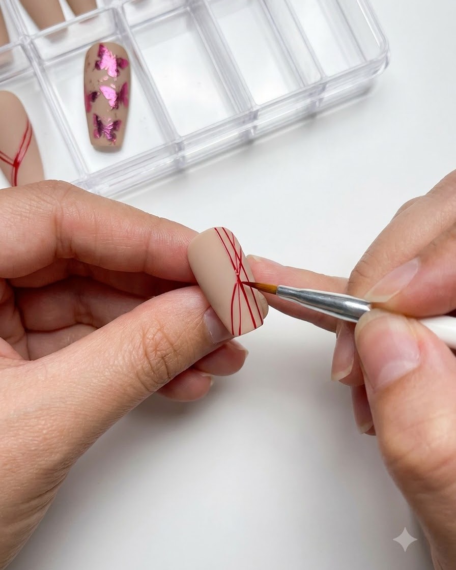 Gros plan dun ongle montrant plusieurs lignes rouges irradiant dun point central, placé à lintérieur dun plateau de rangement.