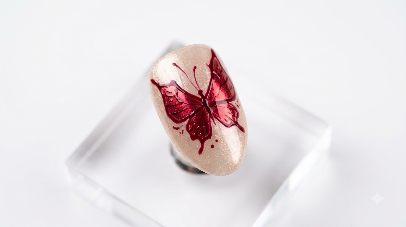 Nail Art Papillon et Poudre Effet Miroir — Tutoriel Gel Rouge Intriqué