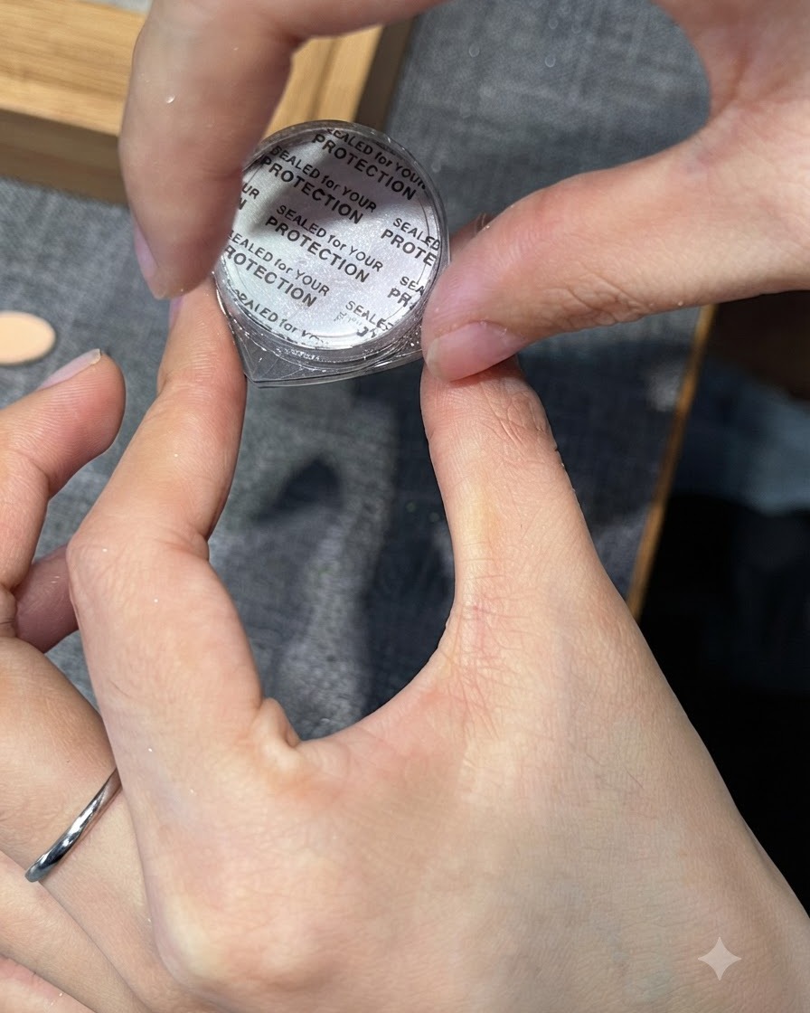 Un applicateur éponge prélevant de la poudre miroir chrome argentée dans un petit récipient.