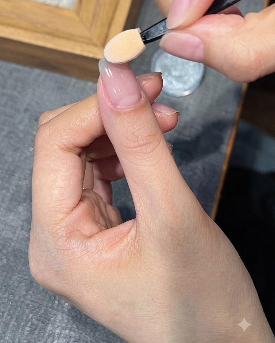 Un applicateur éponge estompant de la poudre chrome argentée sur le bout dun ongle.