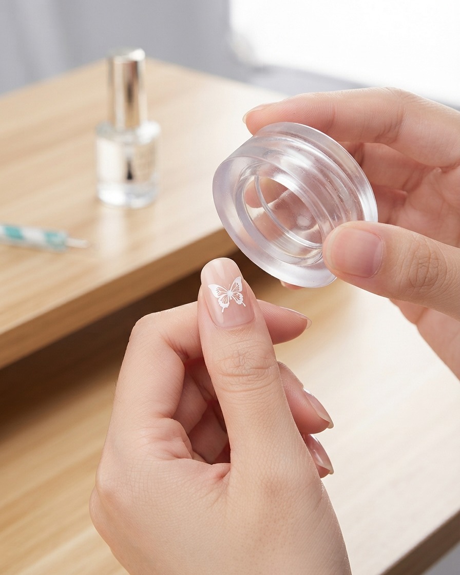 Un tampon transparent transférant un motif de papillon blanc sur un ongle manucuré.