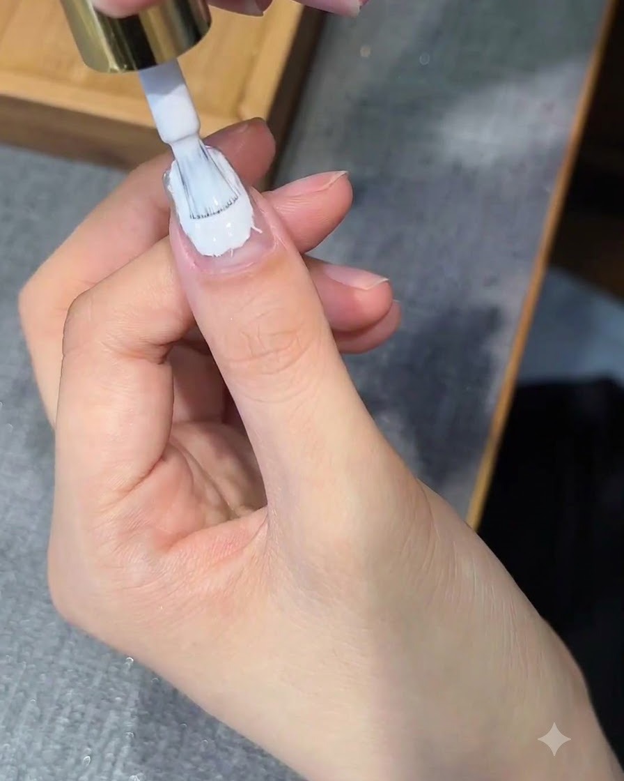 Un pinceau à ongles appliquant un top coat transparent sur un ongle décoré.