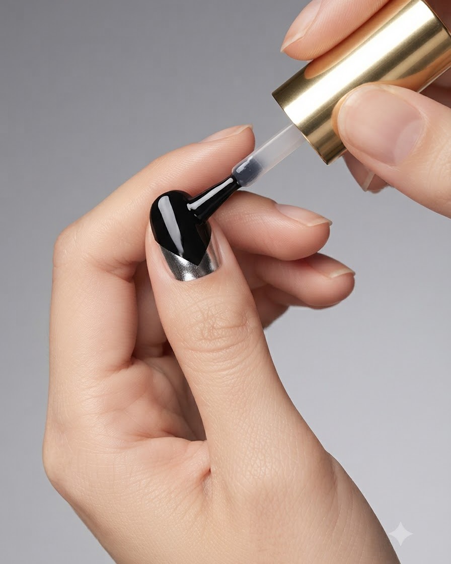 Une main manucurée avec un top coat en cours de catalysation sous une lampe à ongles UV ou LED.
