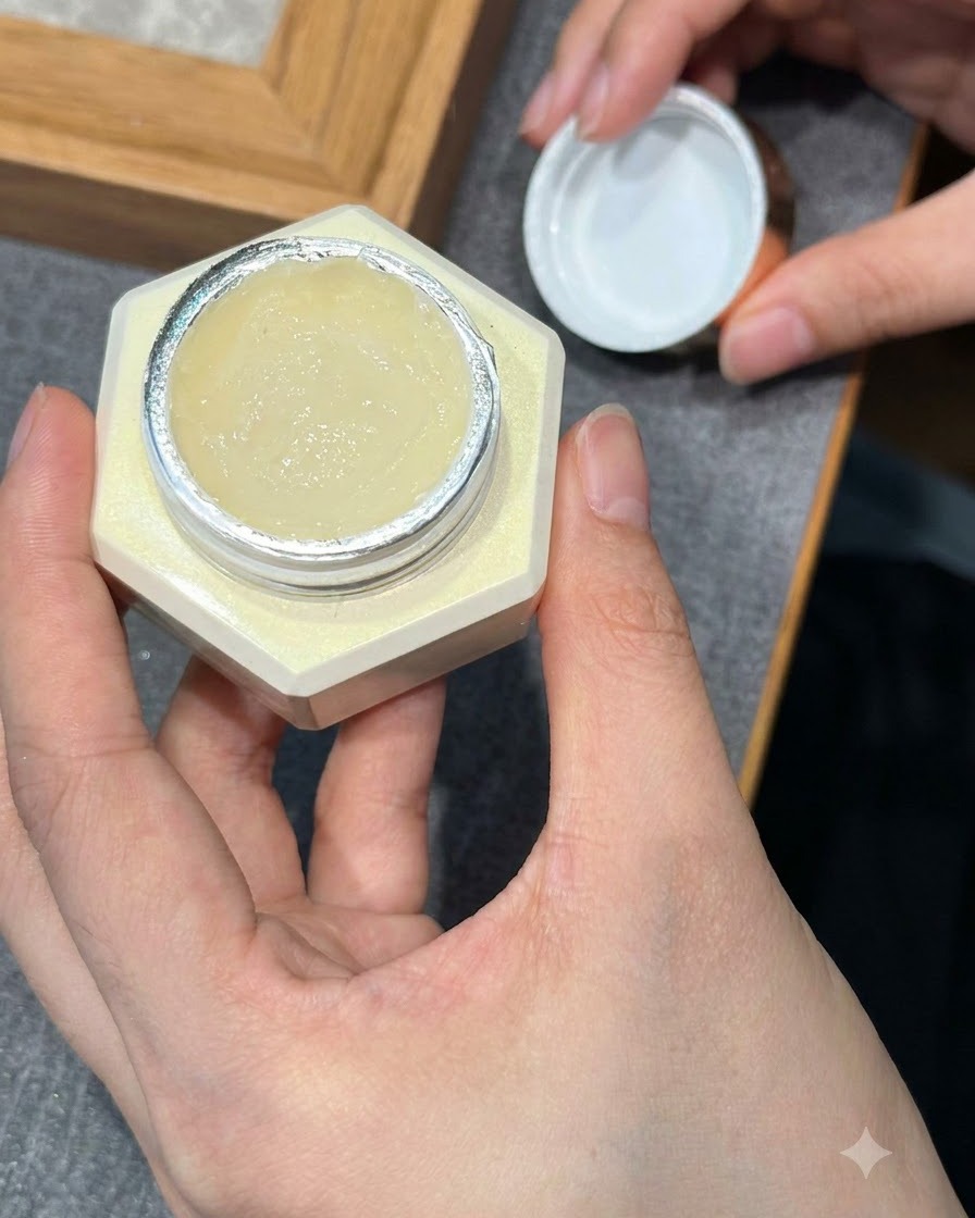 Un outil de dotting prélevant un petit strass transparent dans un pot dembellissements pour nail art.