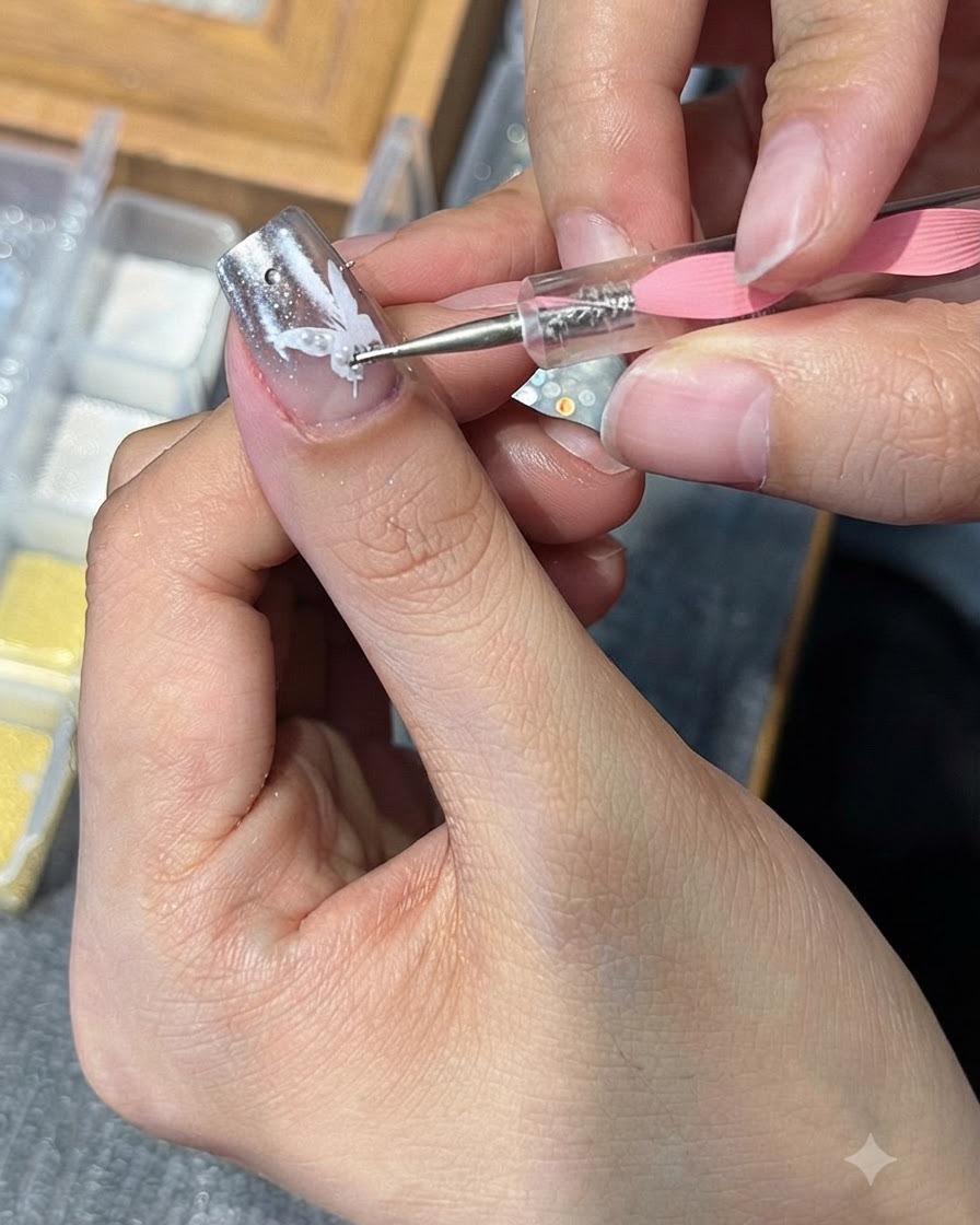 Un outil disposant de minuscules billes dacier argentées et de petites perles sur le motif daile de papillon blanc dun ongle manucuré.