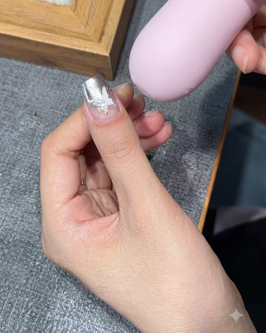 Une main manucurée tenant un ongle sous une lampe de catalysation UV/LED rose.