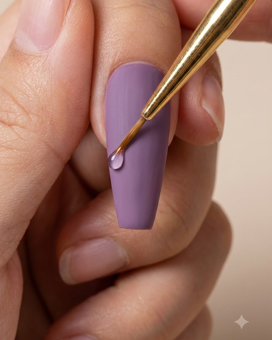 Pinceau fin liner prélevant une goutte de colle à strass au-dessus dun ongle violet mat.