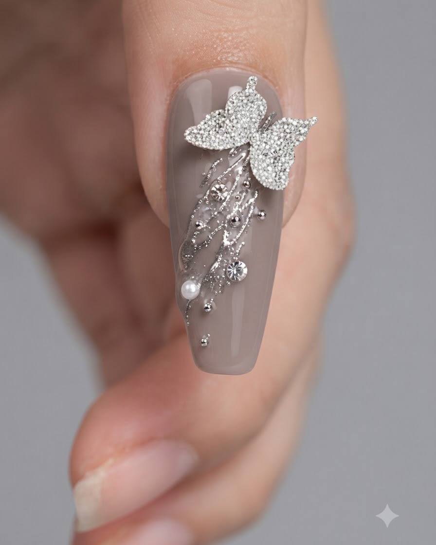 Pinceau de finition contournant minutieusement les strass et le papillon sur longle.