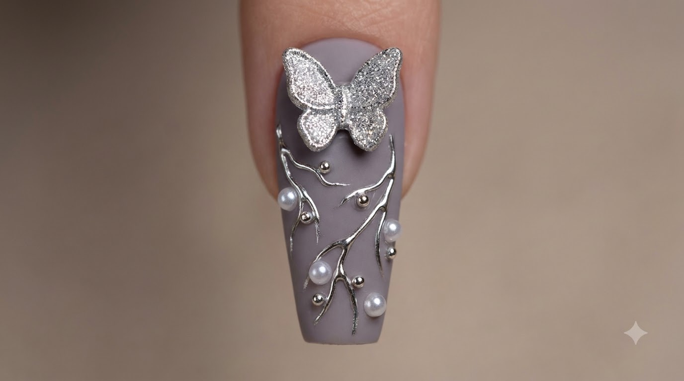 Nail Art Papillon Rivière Étoilée — Tutoriel Strass 3D et Chrome Argenté