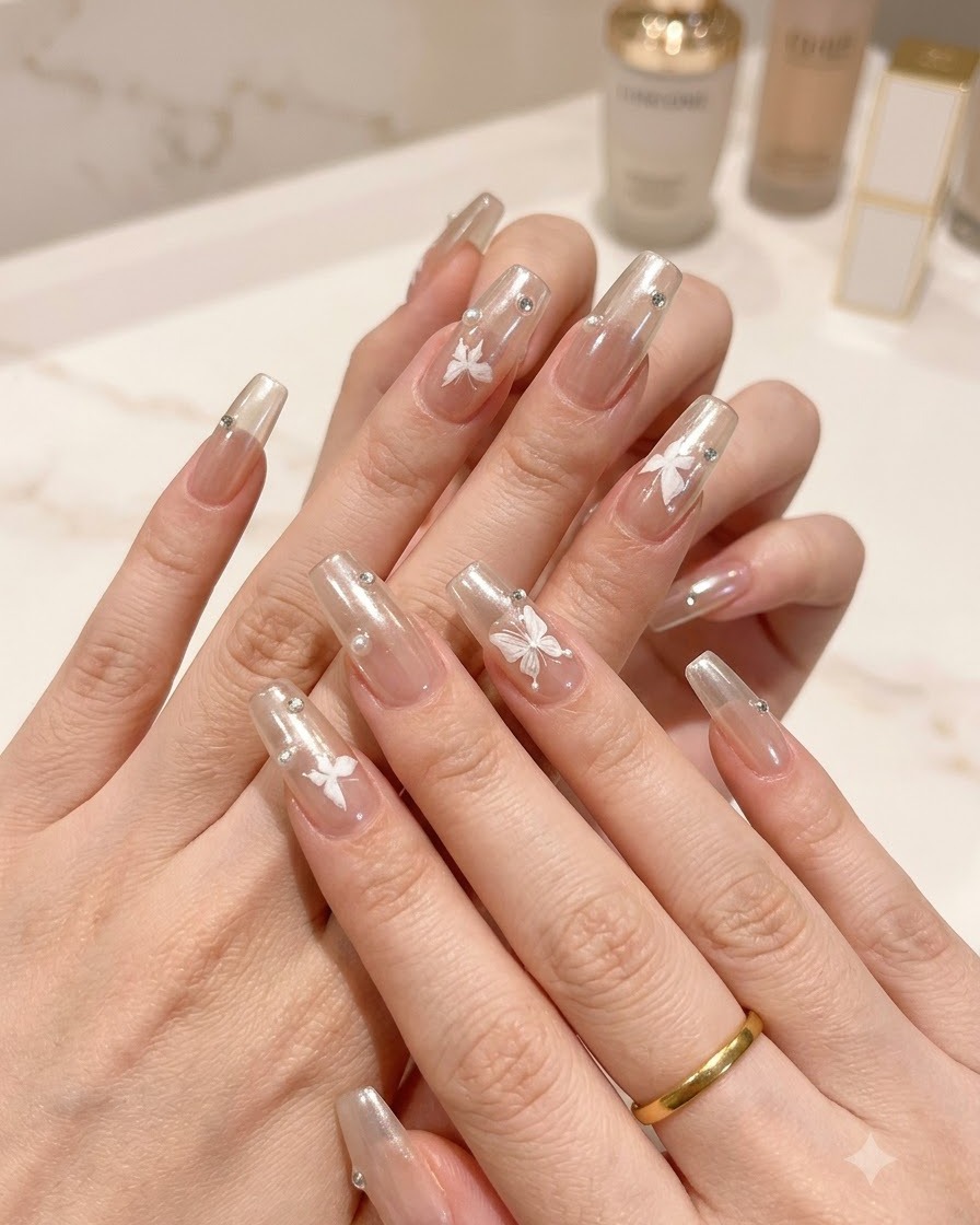 Photographie macro de mains manucurées mettant en valeur des charms de cristaux complexes et un nail art papillon.