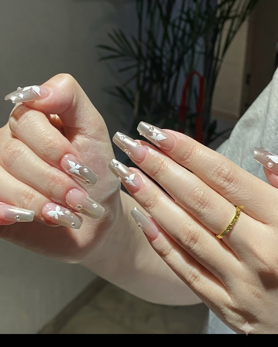 Une vue rapprochée de mains tournant doucement pour révéler la profondeur réfléchissante des ongles en chrome argenté ornés de papillons blancs.