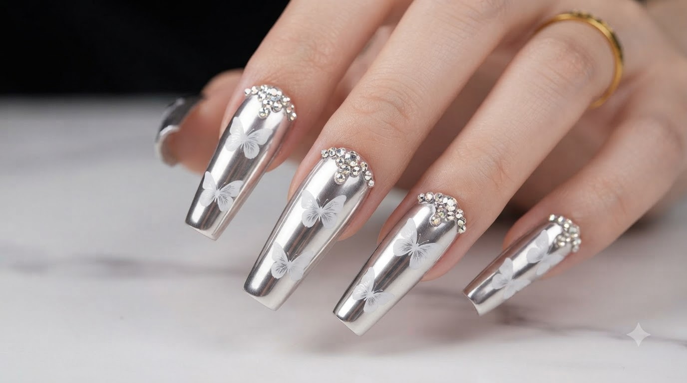 Ongles Papillon Effet Miroir Argenté — Tutoriel Étape par Étape