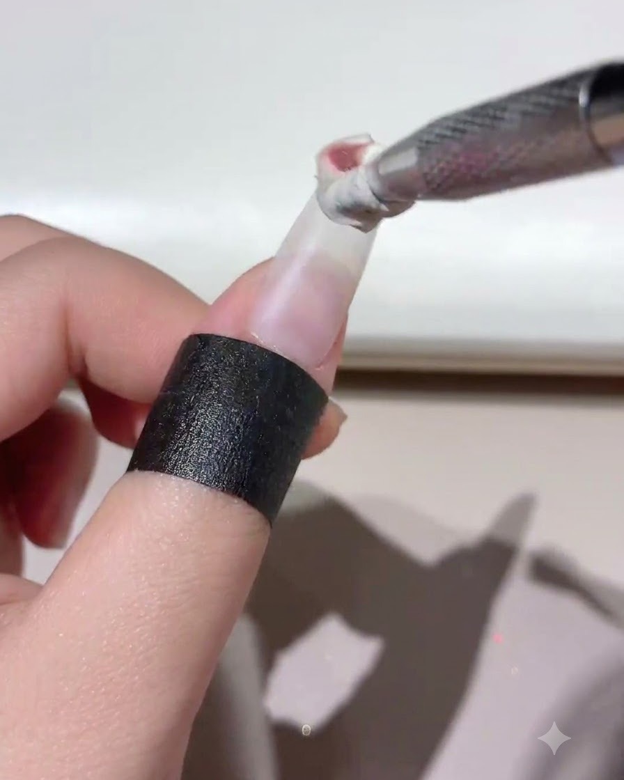 Un outil à ongles appliquant un produit gel blanc le long de la ligne inférieure des cuticules dune extension dongle transparente.