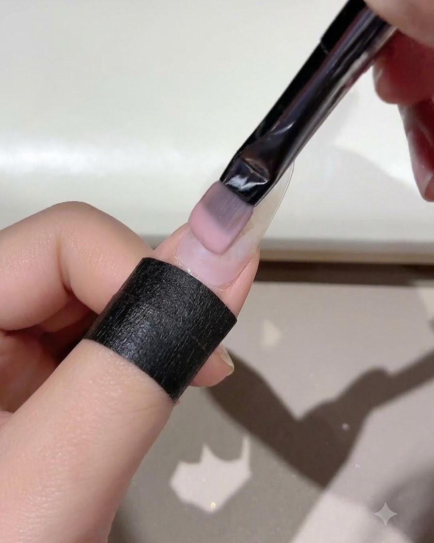 Un pinceau appliquant uniformément un gel rosé Jade D05 sur toute la surface de longle.