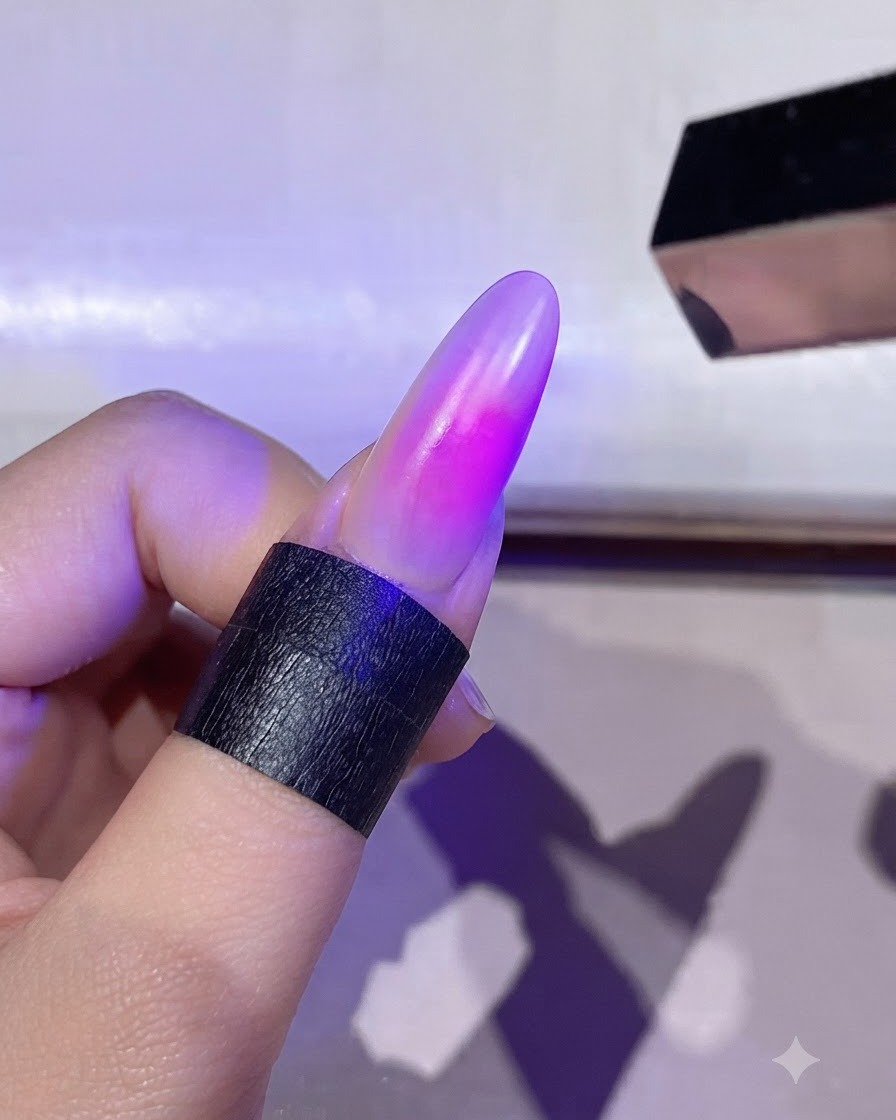 Un ongle doté dun centre blush rose catalysé sous la lumière de la lampe.
