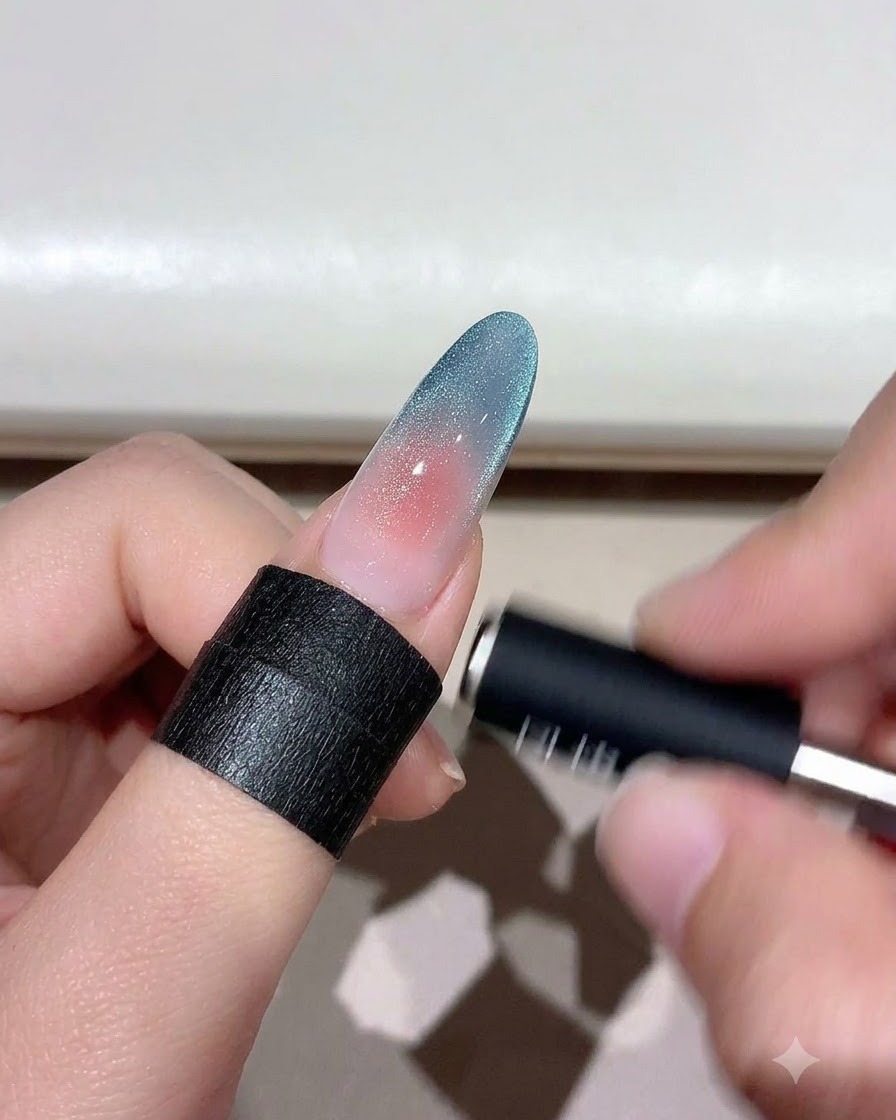 Un outil magnétique planant au-dessus dun ongle œil de chat en dégradé pour façonner les particules scintillantes.