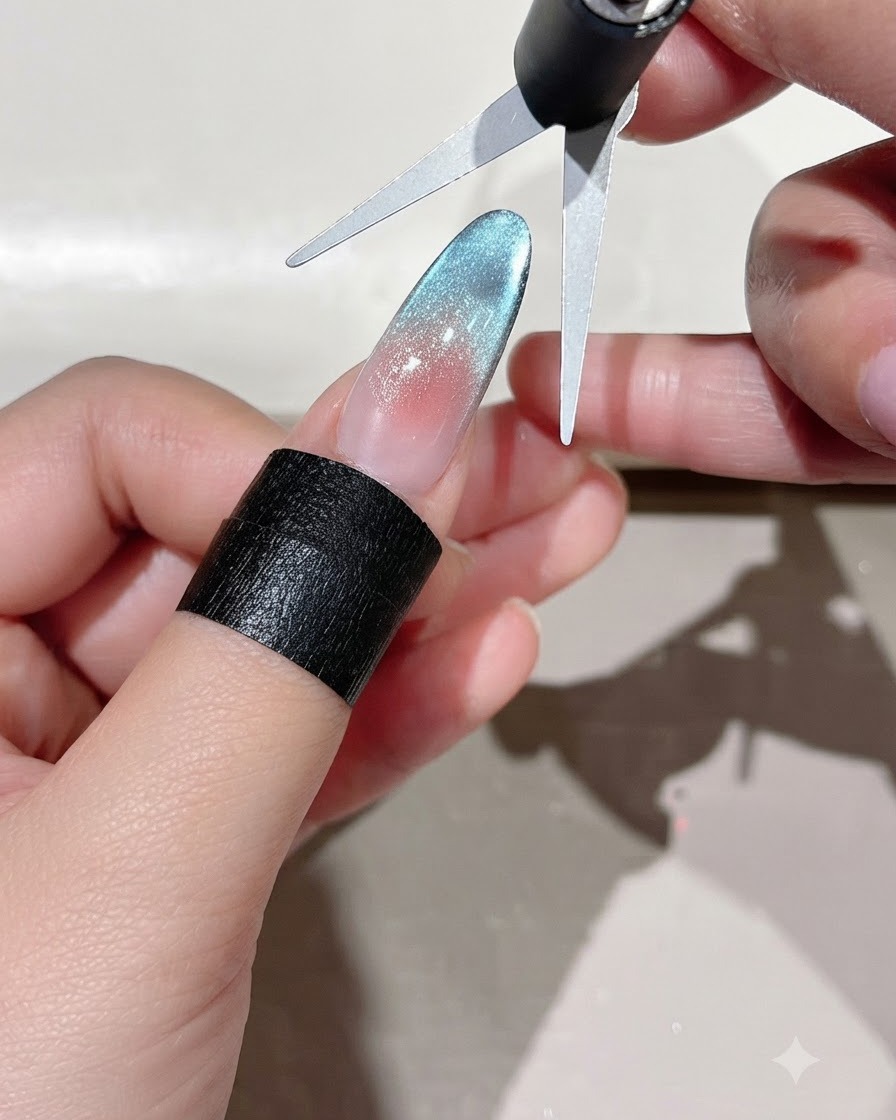 Un outil de modelage French œil de chat spécialisé pressé contre le bout dun ongle.