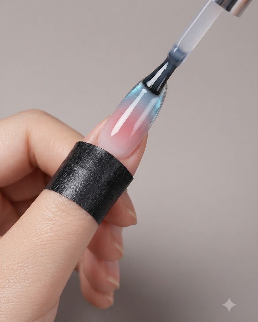 Un pinceau à ongles appliquant une couche de finition brillante transparente sur une manucure French œil de chat terminée.