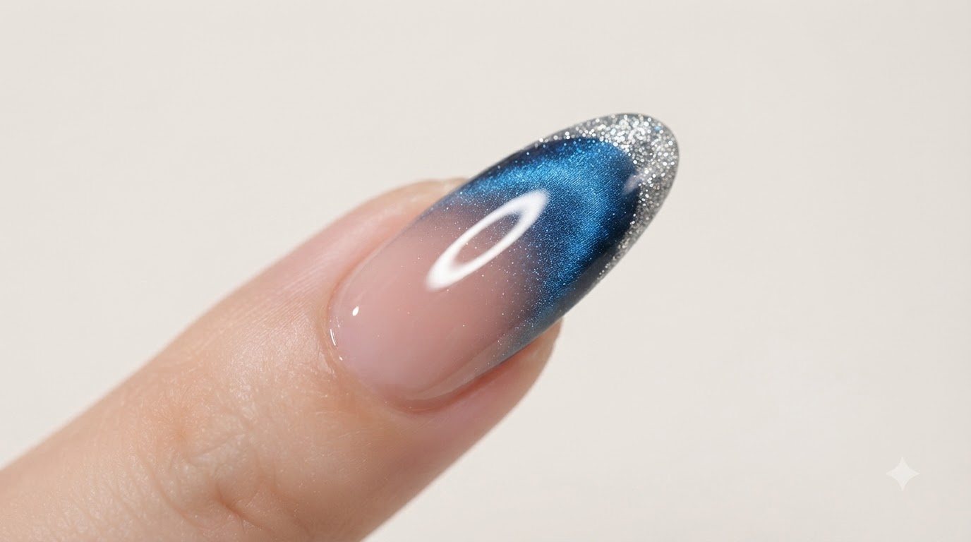 Ongles Effet Œil de Chat French Diamant Bleu — Tutoriel Pas à Pas