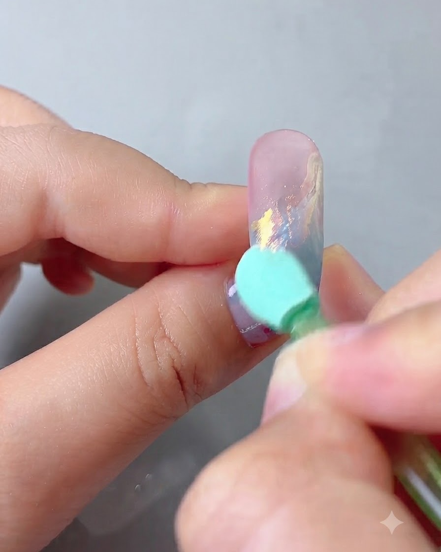 Une éponge applicatrice frottant de la poudre effet miroir aurora sur la surface de longle décorée.
