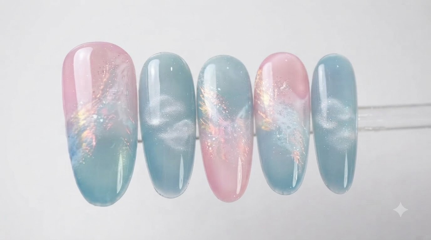 Nail art gradient de nuages rose et bleu effet cat eye — Tutoriel étape par étape