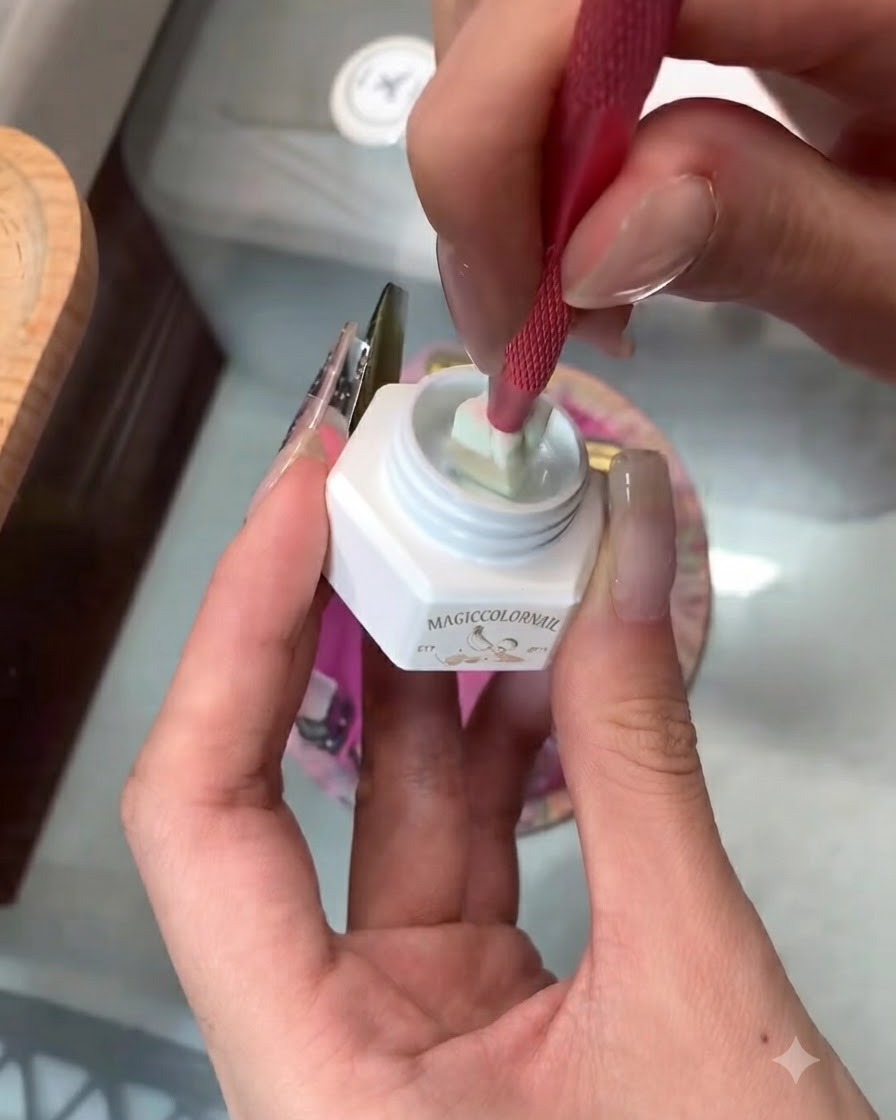 Un pinceau à manucure appliquant du gel blanc neige sur le bout dun faux ongle de présentation.