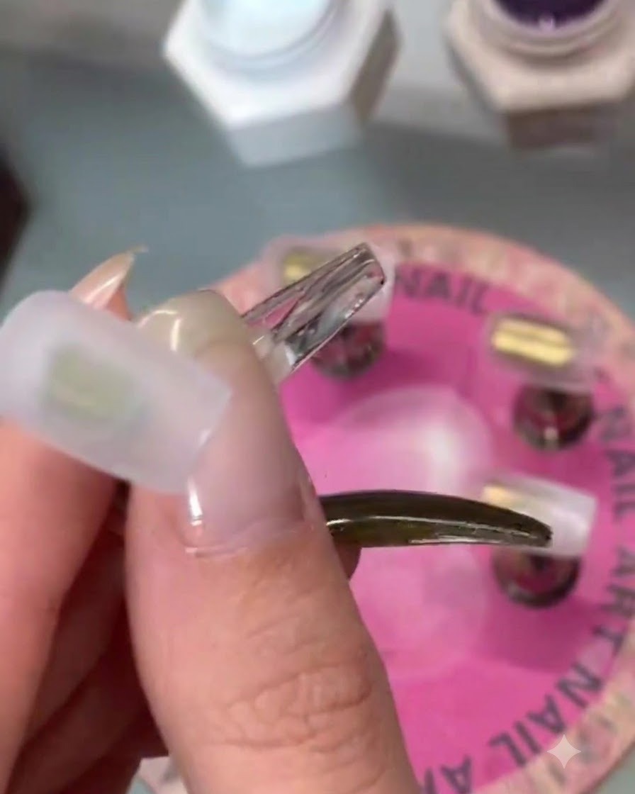 Gros plan sur le bout de lannulaire présentant un léger nuancier de blocs de couleur blanc, violet et bleu.