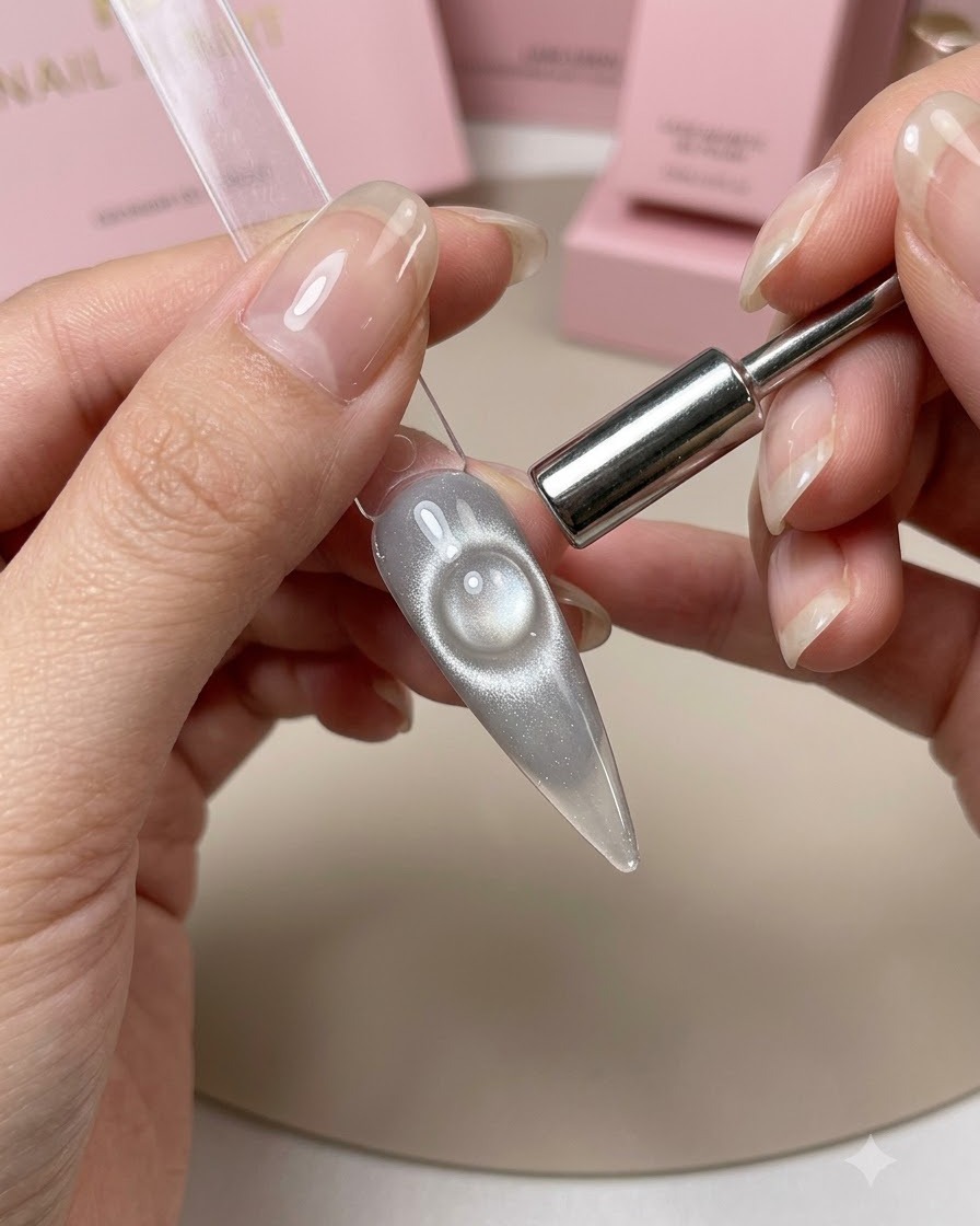 Un petit aimant cylindrique survolant un bout dongle œil-de-chat gris, créant un reflet lumineux circulaire et brillant.