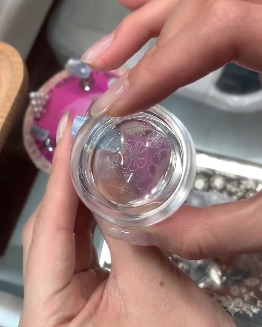 Regard dans un tampon en silicone transparent montrant des motifs floraux blancs transférés prêts pour lapplication sur longle.