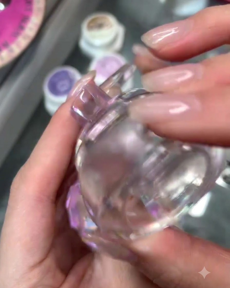 Gros plan dune main tenant un outil de tampon à ongles transparent en gel, se préparant à presser un motif sur un ongle.
