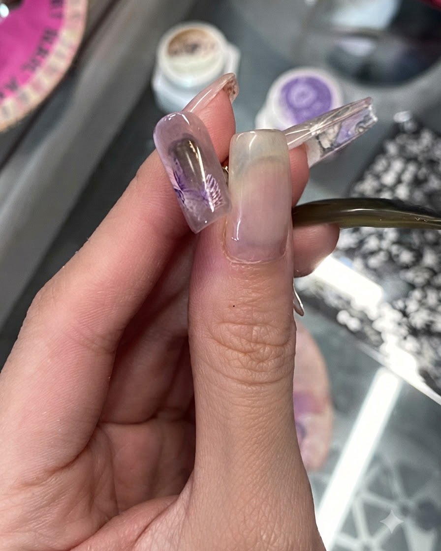 Un pinceau fin utilisant du gel blanc neige pour tracer de délicats contours autour des pétales dun motif de nail art floral.