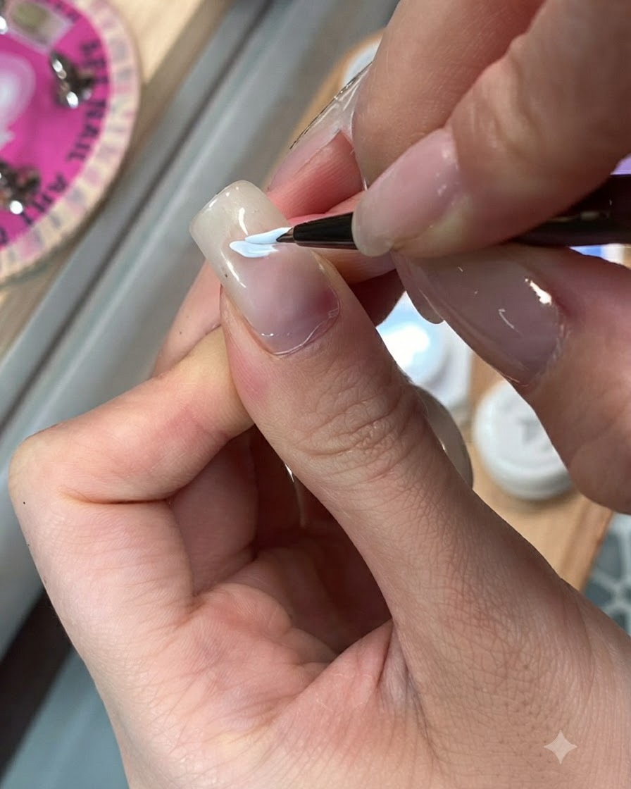 Un pinceau recouvrant une couche de gel œil-de-chat rose et violet sur une base dongle en dégradé nude.